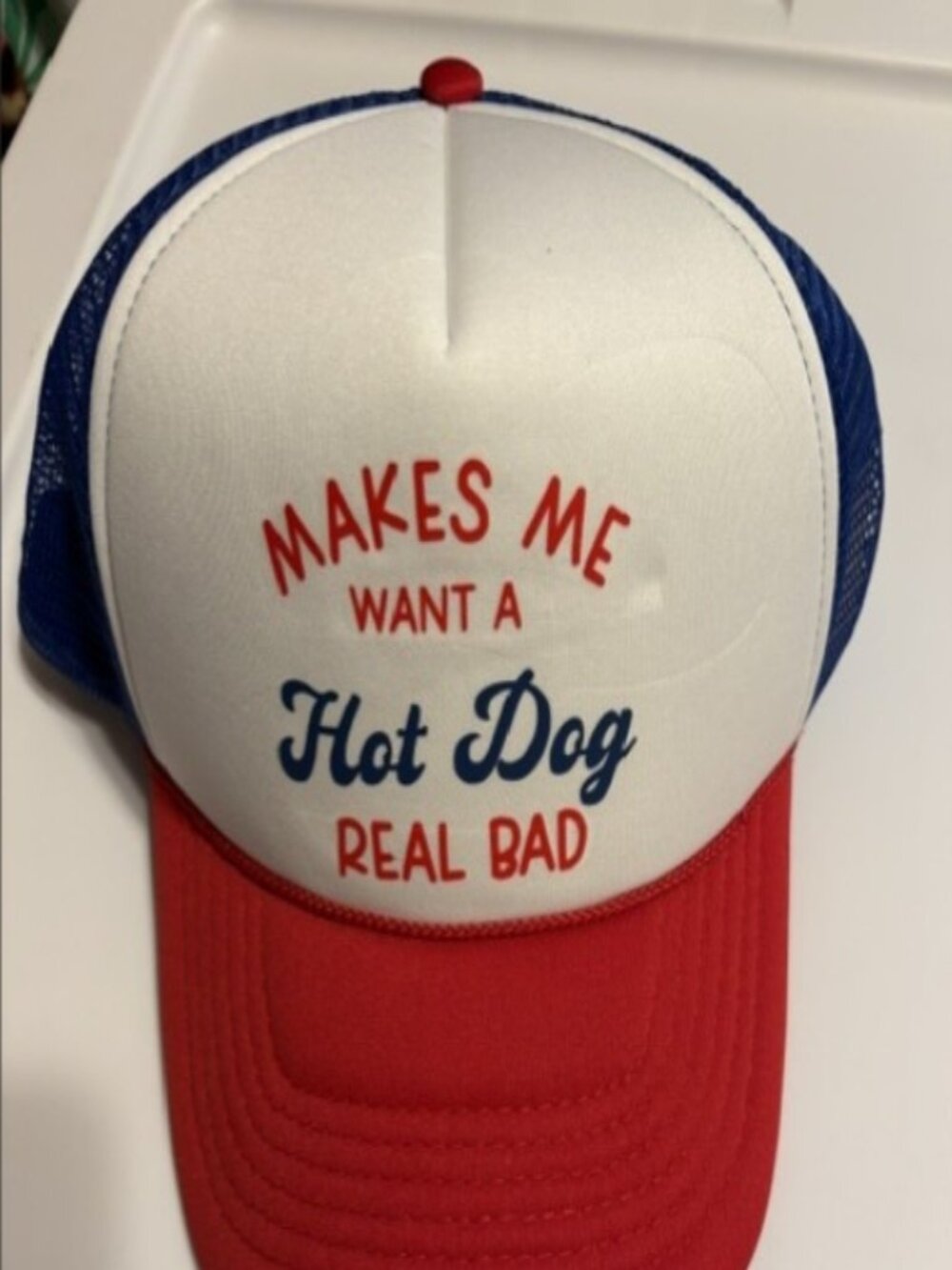 Funny Hot Dog Trucker Hat Red White Blue Mesh Snapback Makes Me Want A Real Bad